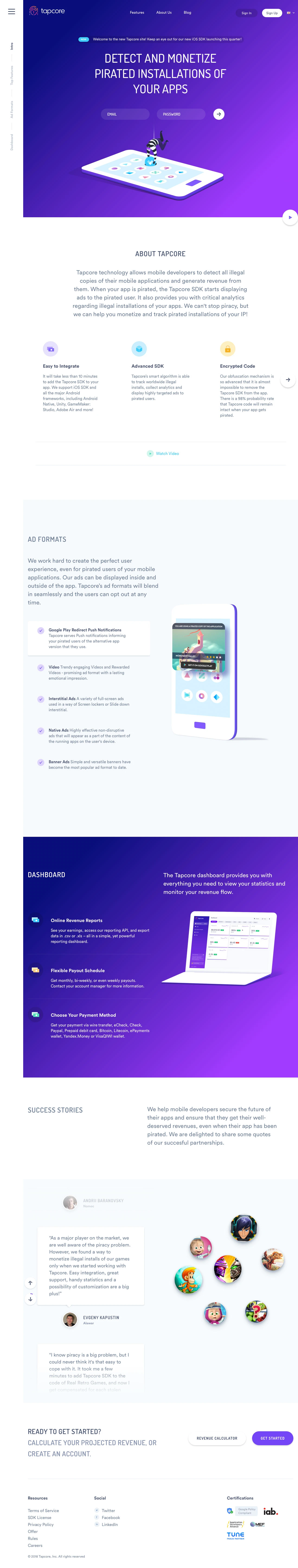 Tapcore Landing Page Example: Tapcore technology allows mobile developers to detect all illegal copies of their mobile applications and generate revenue from them.