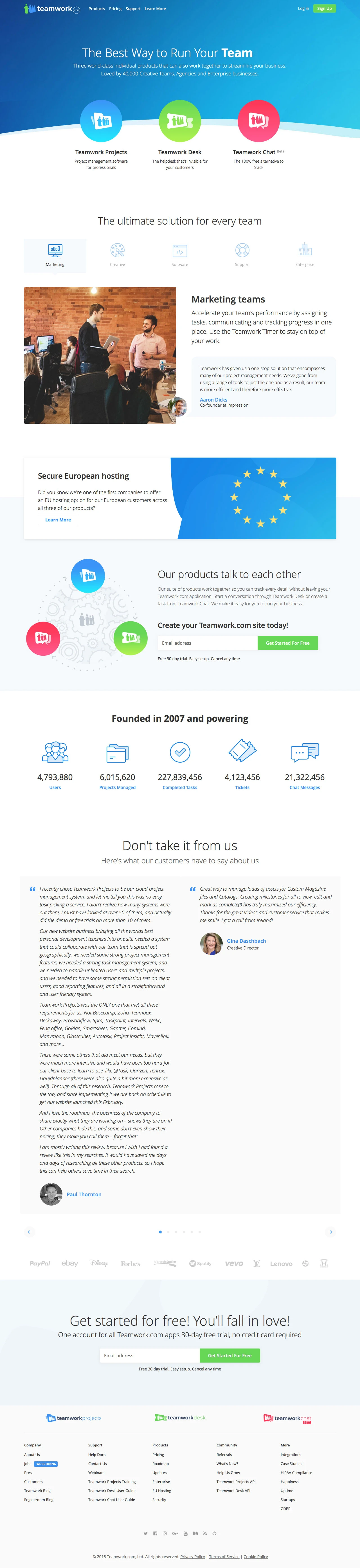 Teamwork Landing Page Example: Online project management, help desk & team messaging software designed to maximize your teams productivity, communication, and overall customer happiness. 