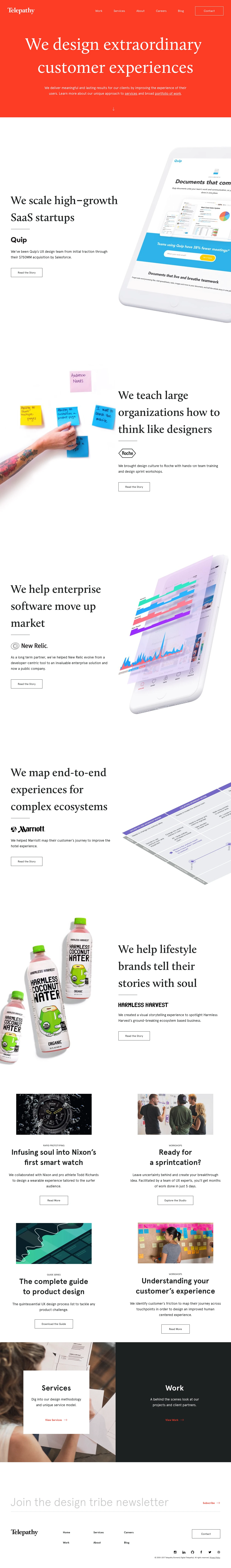 Telepathy Landing Page Example: We're a customer experience-focused UX design agency that believes design is critical to reaching your business goals and turning users into advocates.