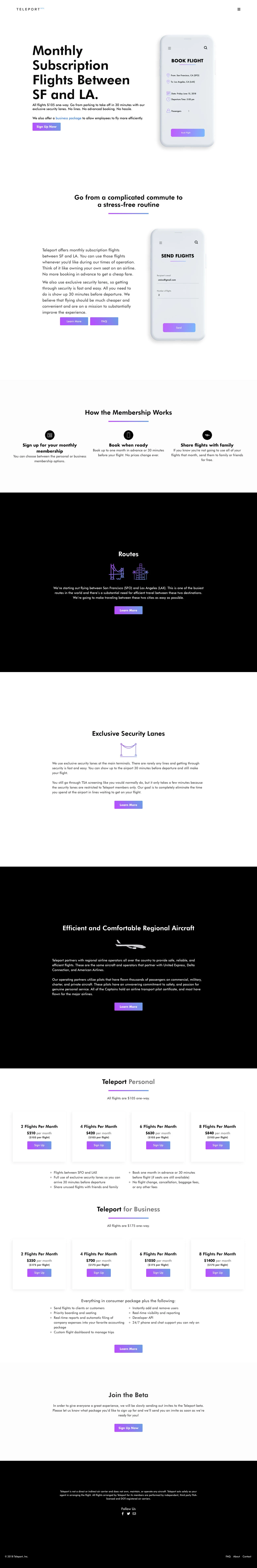 Teleport Landing Page Example: Teleport offers subscription flights between San Francisco and Los Angeles starting at $105/month. Go from parking to take off in 30 minutes with our exclusive security lanes.