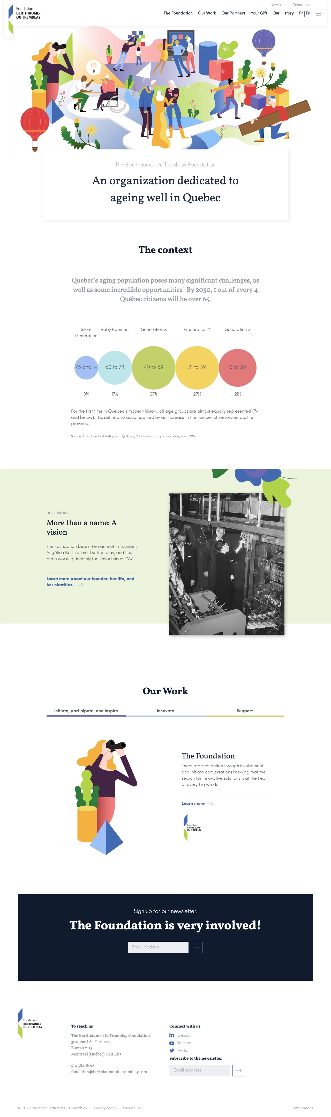 The Berthiaume-Du Tremblay Foundation Landing Page Example: An organization dedicated to ageing well in Quebec. Encourage reflection through our involvement as well as initiate conversations knowing that research into innovative solutions is at the heart of all we do.