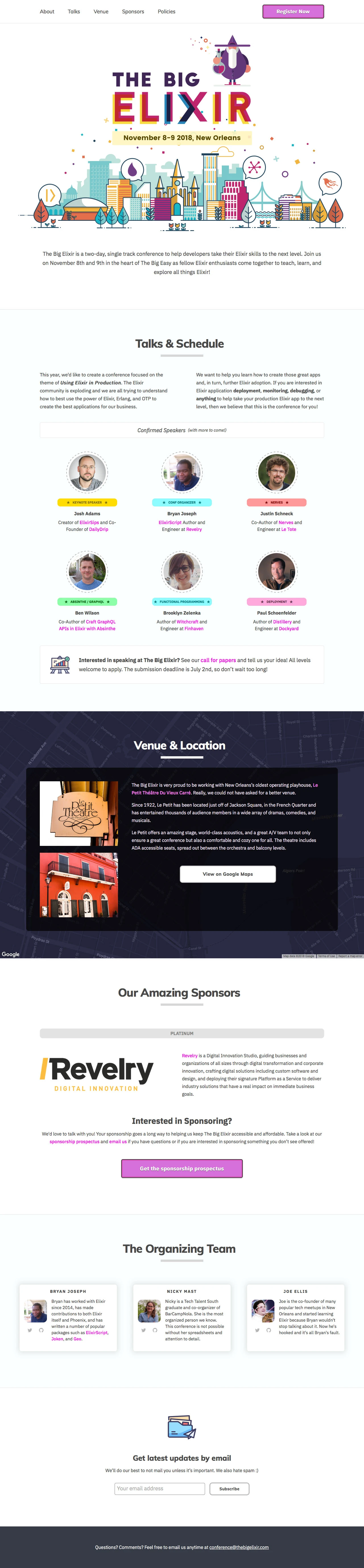 The Big Elixir 2018 Landing Page Example: Join us on November 8-9 2018 in New Orleans for The Big Elixir, a two-day, single track conference to help developers take their Elixir skills to the next level.