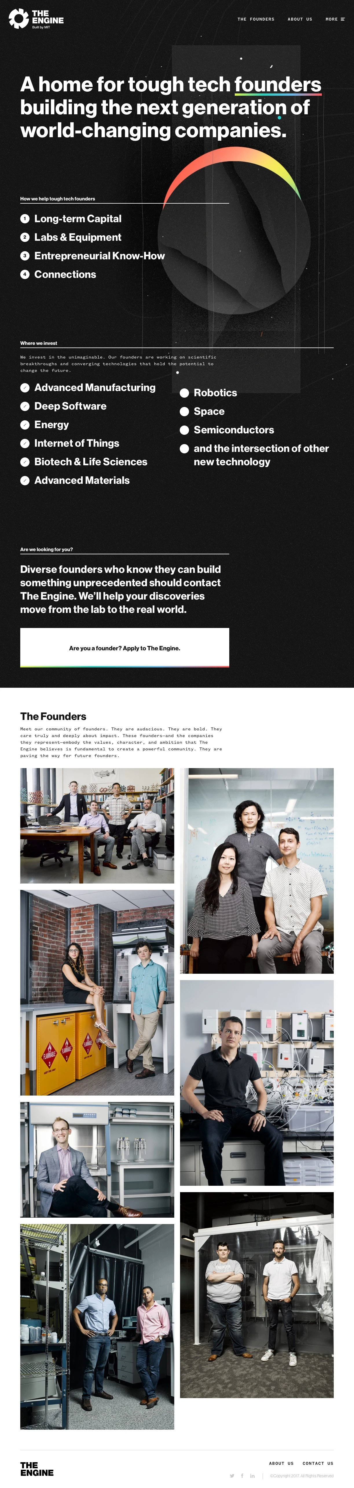 The Engine Landing Page Example: A home for tough tech founders building the next generation of world-changing companies.