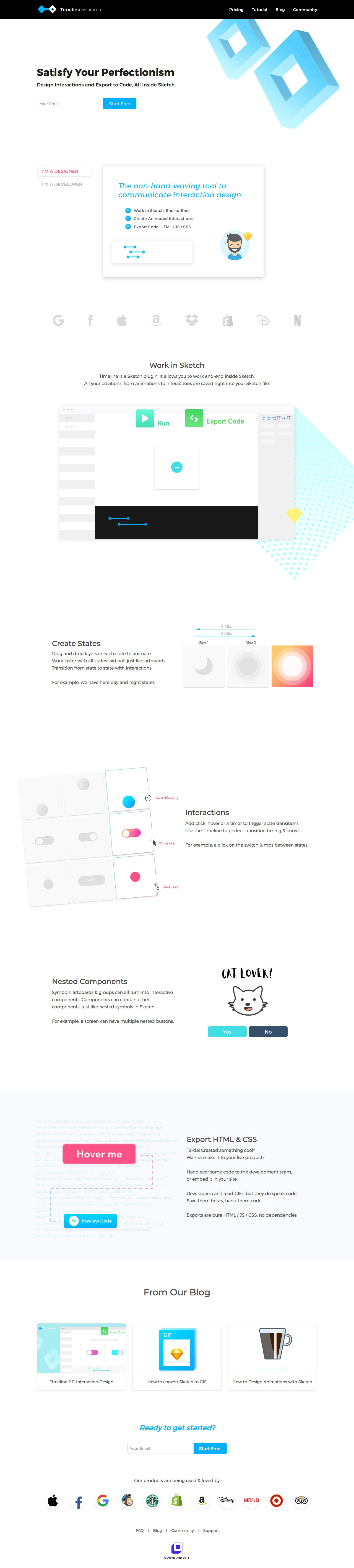 Timeline for Sketch Landing Page Example: Design Interactions, and Export Code, HTML / JS / CSS.