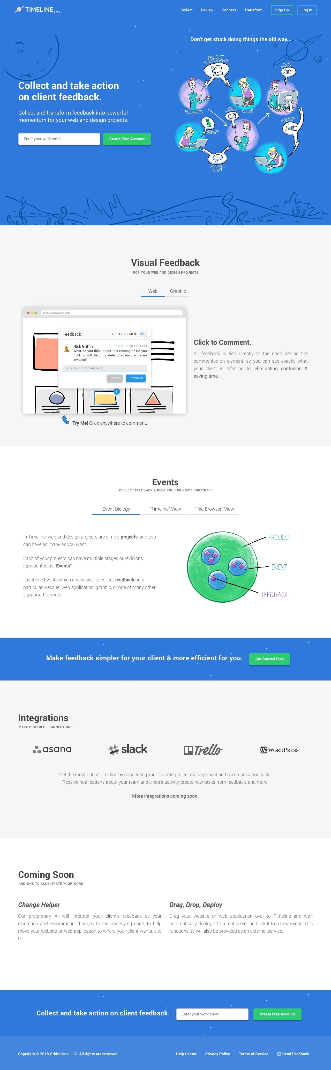 Timeline Landing Page Example: Enable asynchronous feedback for all of your projects. Let your clients click and comment, so you can see exactly what they want changed, reducing confusion & saving time.