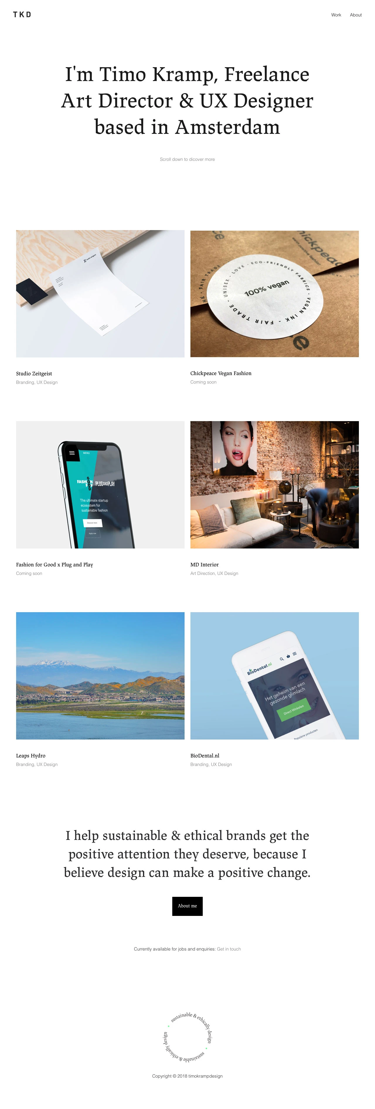 Timo Kramp Landing Page Example: Timo Kramp is a freelance Art Director & UX Designer, focused on creating branding identities & Ux designs for sustainable companies & innitiatives.