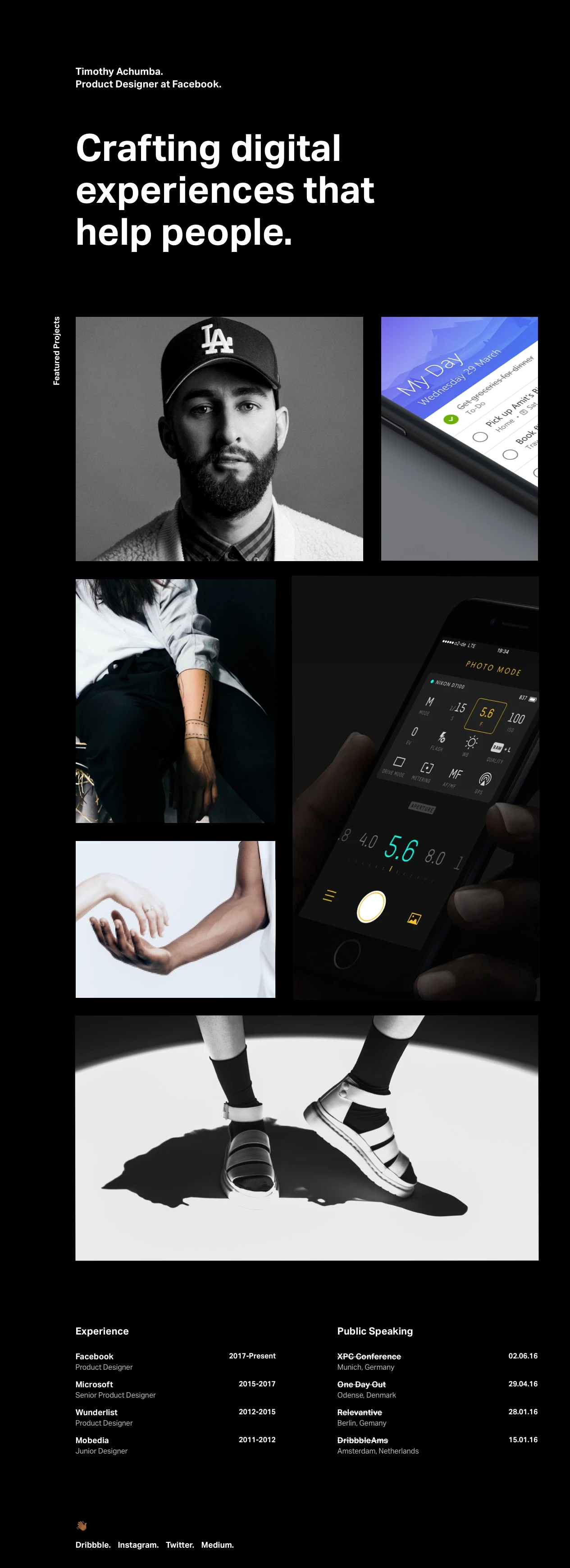 Timothy Achumba Landing Page Example: The design work of Timothy Achumba. Product Designer at Facebook.