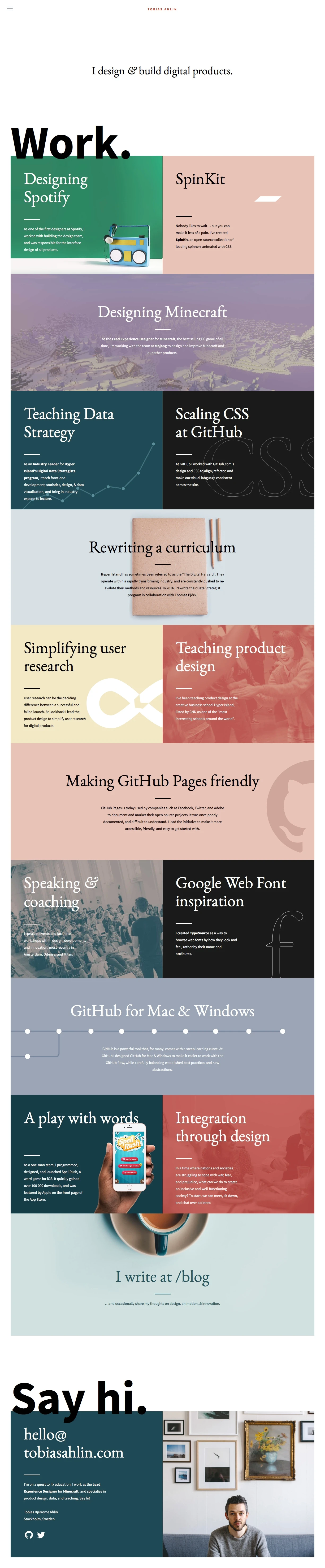 Tobias Ahlin Landing Page Example: Designer and developer. I design & build digital products