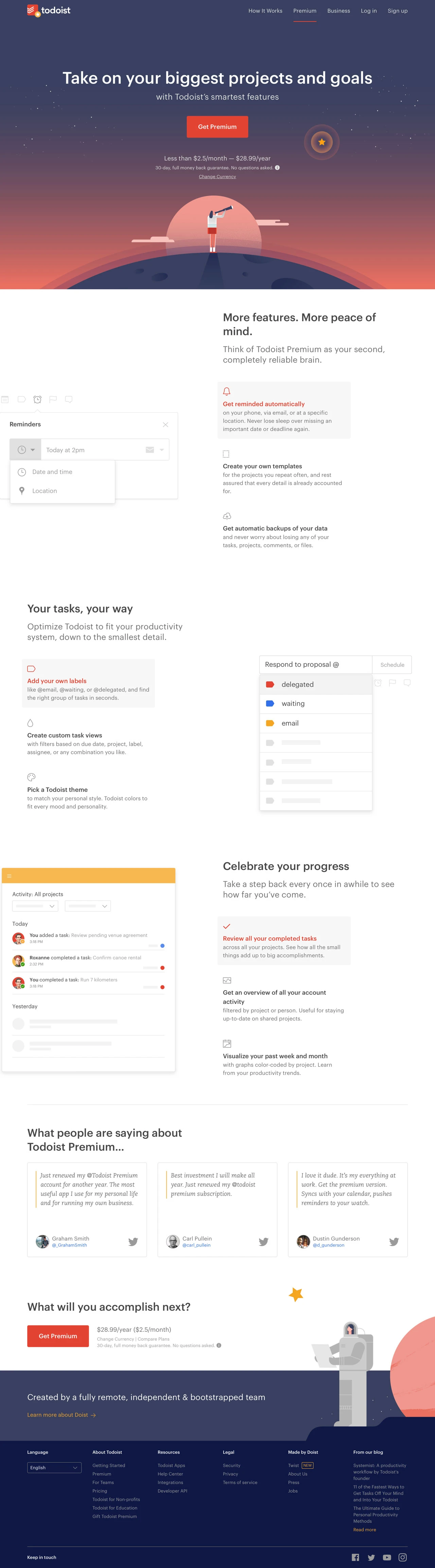 Todoist Premium Landing Page Example: Take on your biggest projects and goals with Todoist’s smartest features.