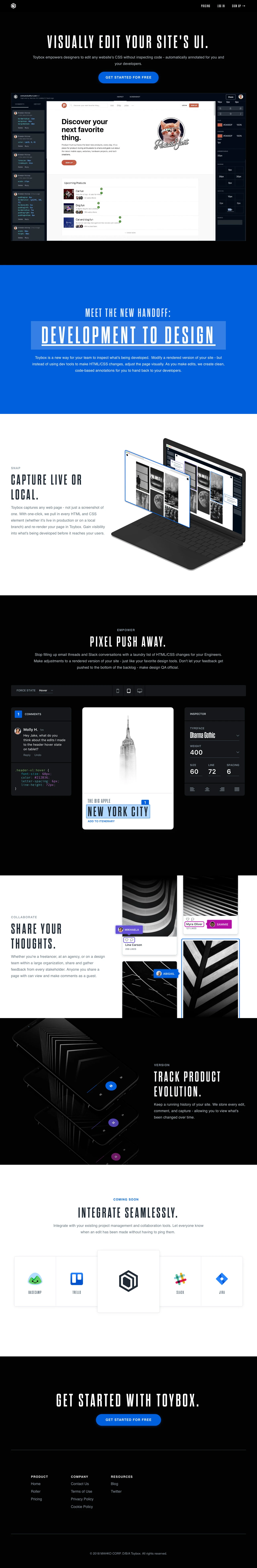 Toybox Landing Page Example: Toybox empowers designers to edit any website's CSS without inspecting code - automatically annotated for you and your developers.