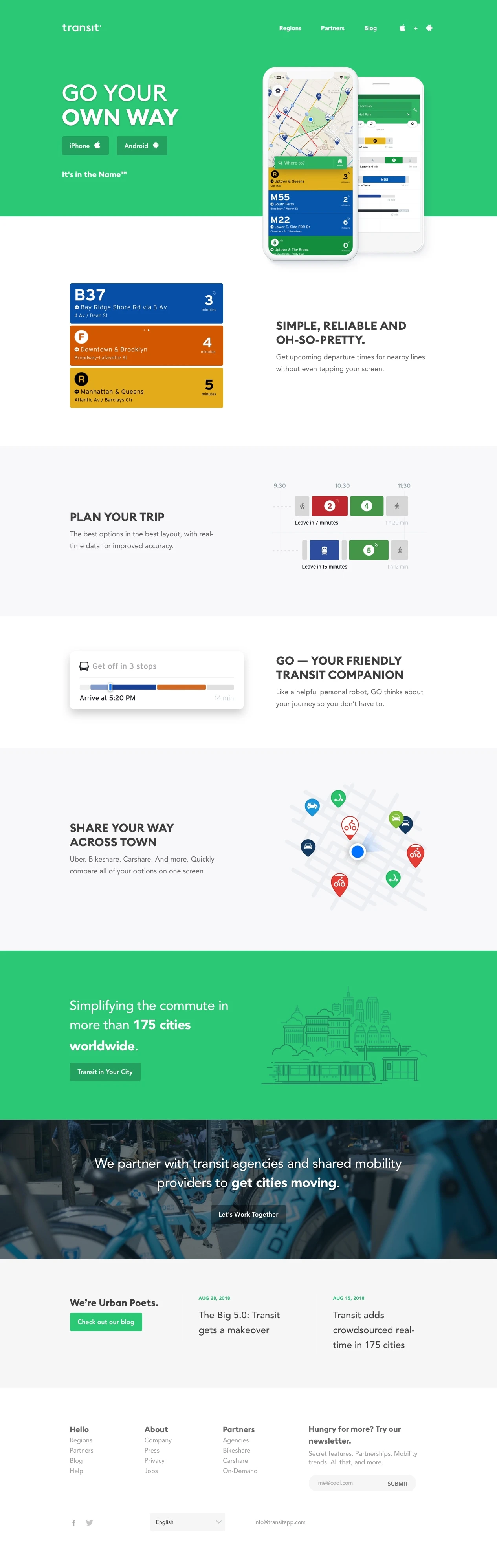 Transit Landing Page Example: The simple and beautiful way to get around. Live in 175 cities.