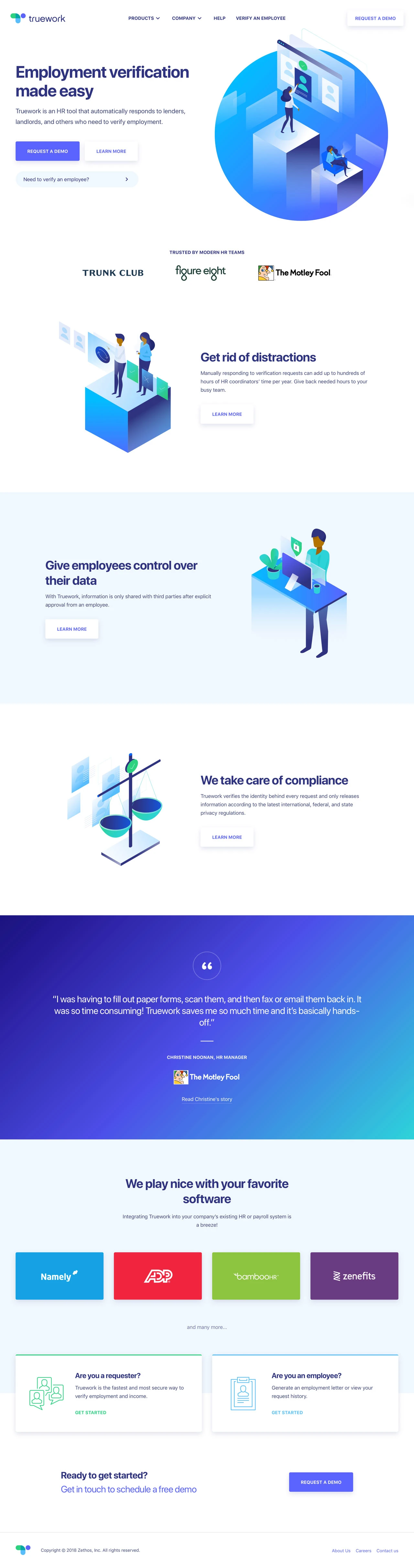 Truework Landing Page Example: Truework is an HR tool that automatically responds to lenders, landlords, and others who need to verify employment.