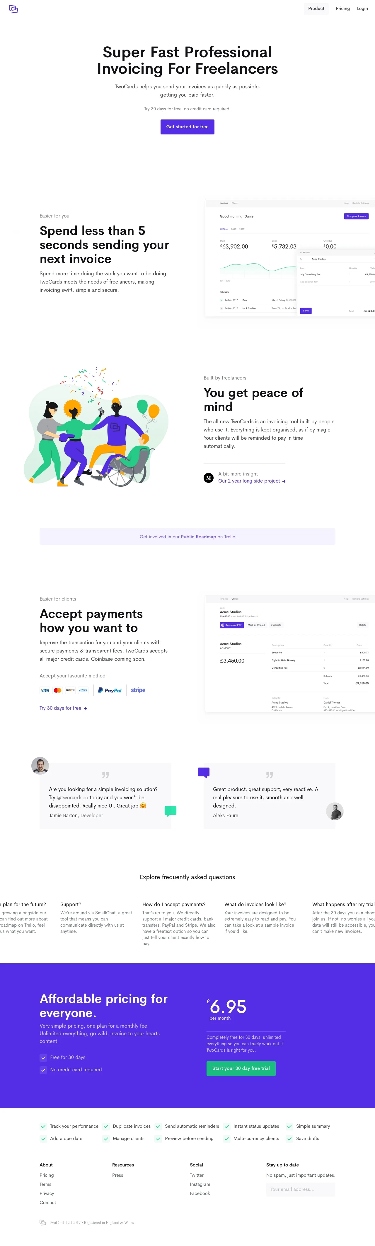TwoCards Landing Page Example: TwoCards helps you send your invoices as quickly as possible, getting you paid faster.