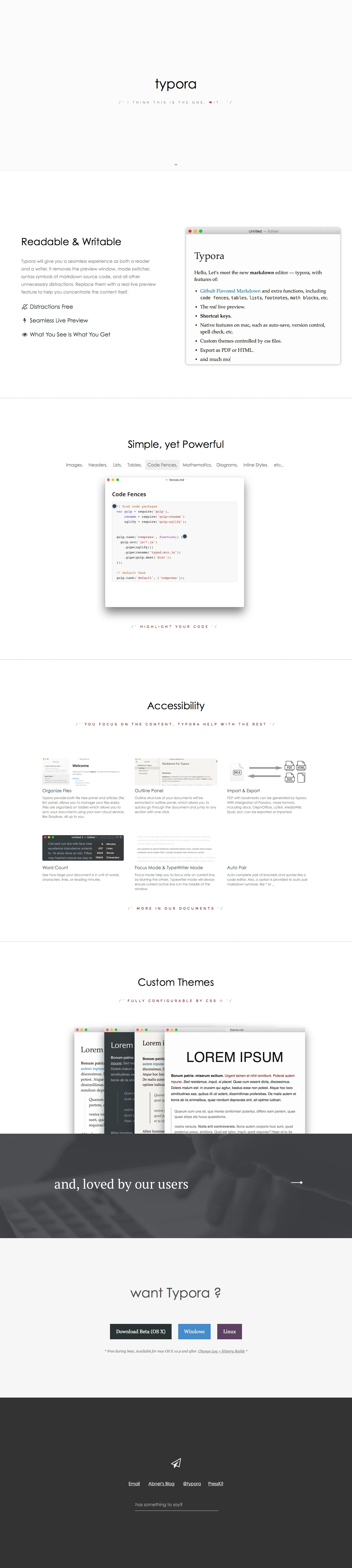 Typora Landing Page Example: Typora is a cross-platform minimal markdown editor, providing seamless experience for both markdown readers and writers.