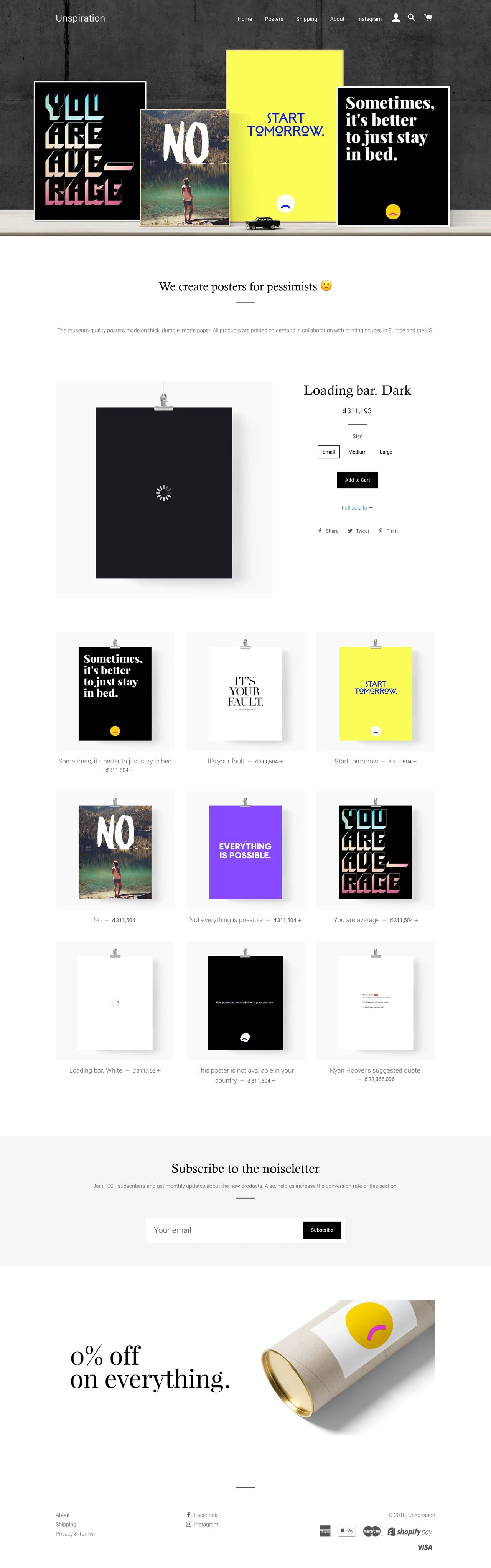 Unspiration Landing Page Example: We create posters for pessimists