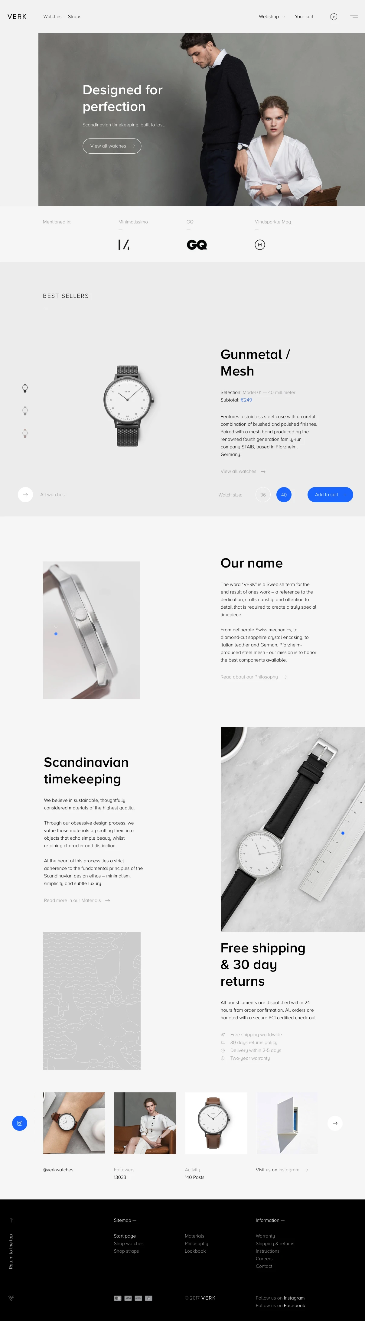 VERK Landing Page Example: Scandinavian minimalist watches. Made using the best components available, such as swiss movement and sapphire crystal. Designed with care in Sweden.