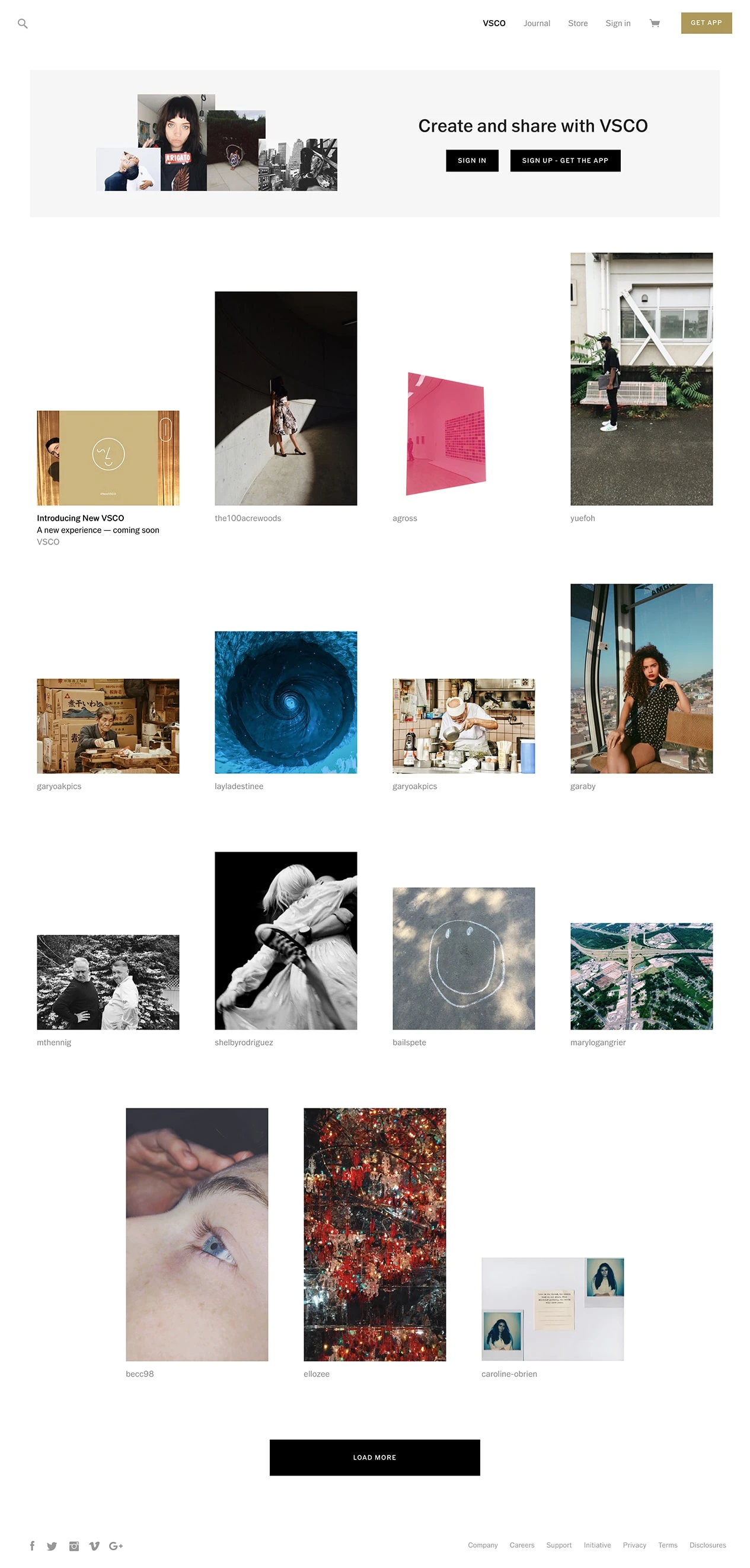 VSCO Landing Page Example: VSCO® is an art and technology company empowering people everywhere to create, discover, and connect.