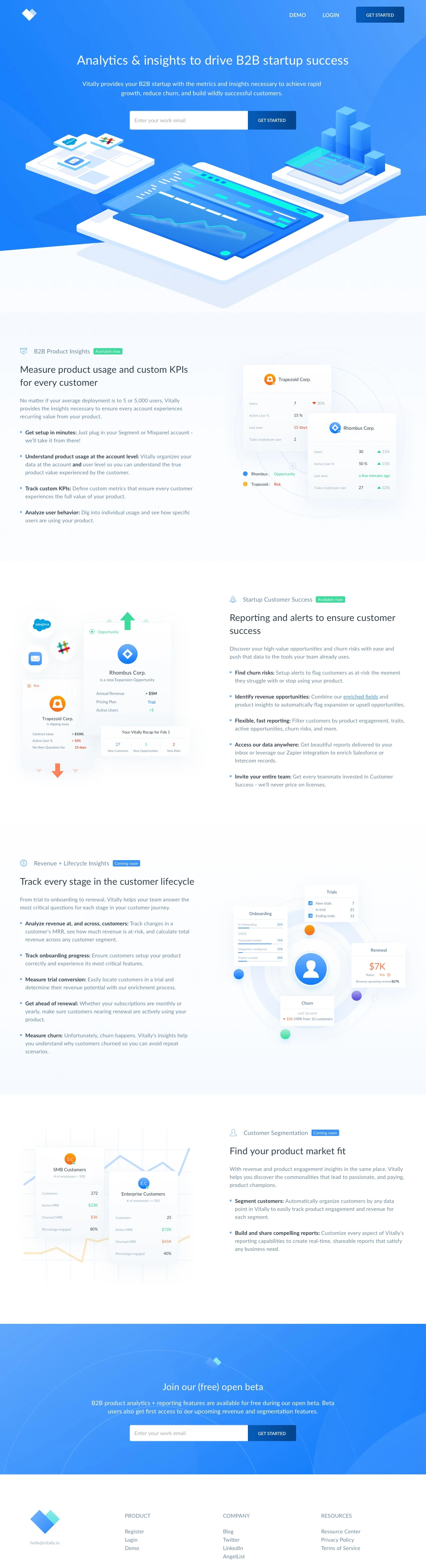 Vitally Landing Page Example: Vitally provides your B2B startup with the metrics and insights necessary to achieve rapid growth, reduce churn, and build wildly successful customers.