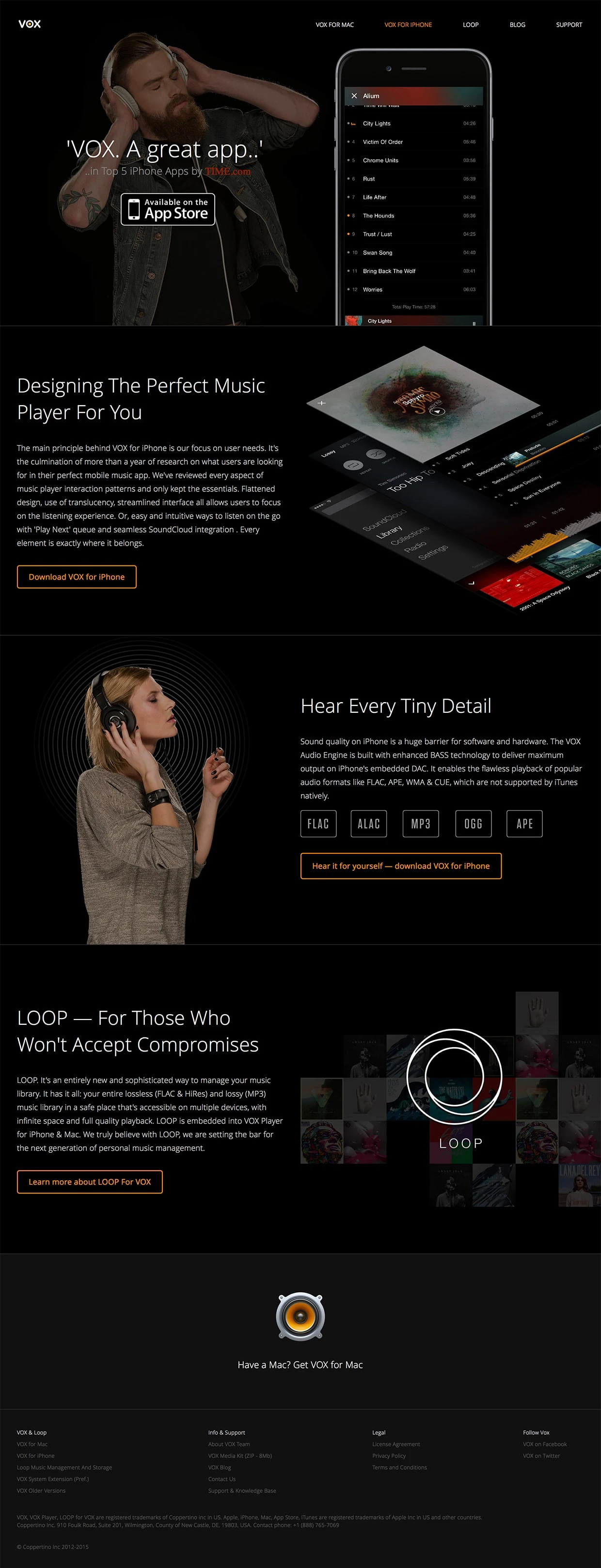VOX Player for iPhone Landing Page Example: VOX – Music player for Mac OS with a minimalistic UI reflecting the future. Supports all popular audio formats like MP3, FLAC, AAC, WAV & more!