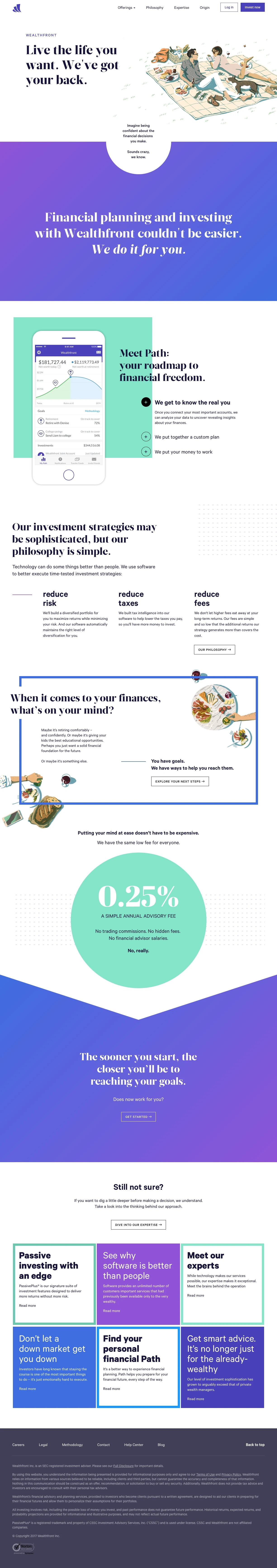 Wealthfront Landing Page Example: At Wealthfront we believe that everyone deserves access to sophisticated financial advice, without the hassle or the high fees. So live the life you want. We’ve got your back.