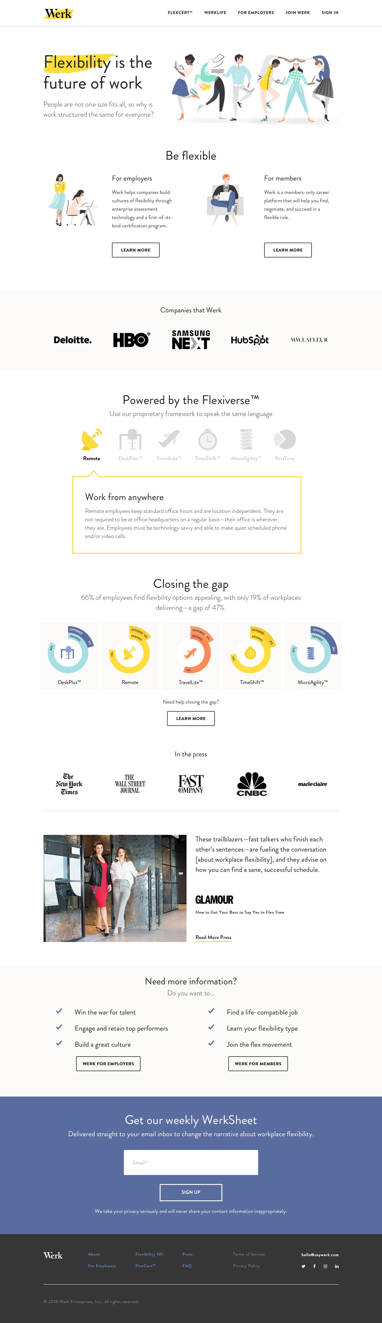 Werk Landing Page Example: Werk is a new type of job board for ambitious job seekers looking for real opportunities—all with pre-negotiated types of flexibility.