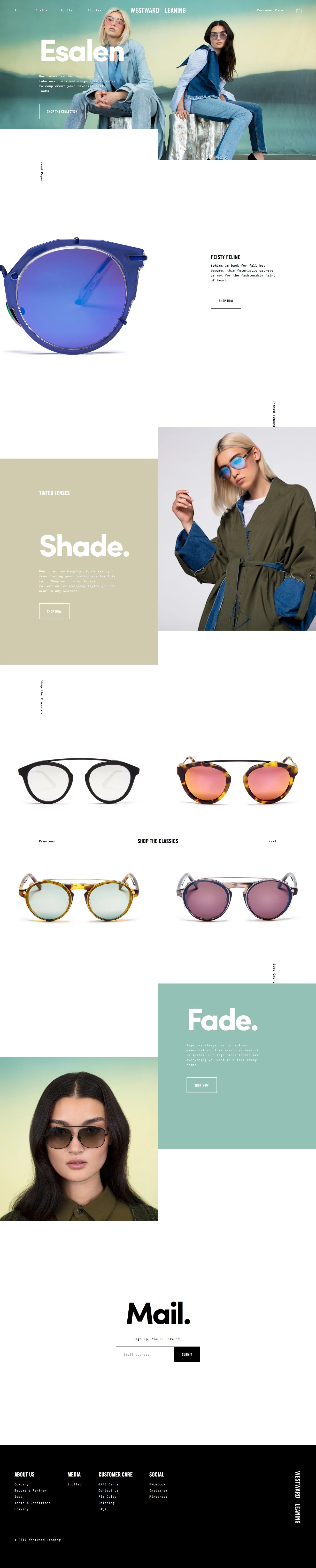 Westward Leaning Landing Page Example: Universally flattering, socially conscious, unisex sunglasses with a signature rhombus inlay integrated on the temple of every frame. Free worldwide shipping.