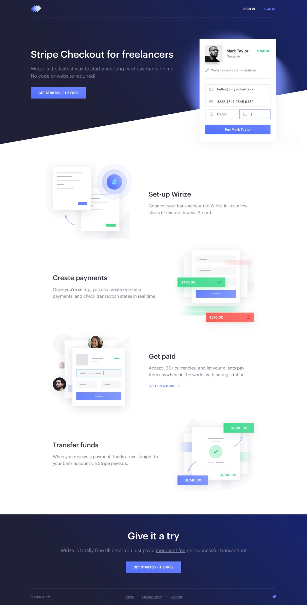 Wirize Landing Page Example: Wirize is the fastest way to start accepting card payments online. No code or website required!