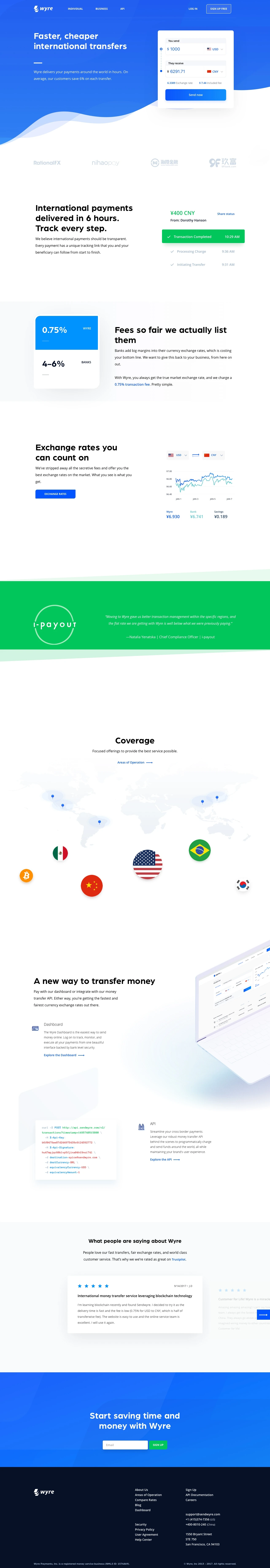 Wyre Landing Page Example: Wyre delivers your payments around the world in hours. On average, our customers save 6% on each transfer.