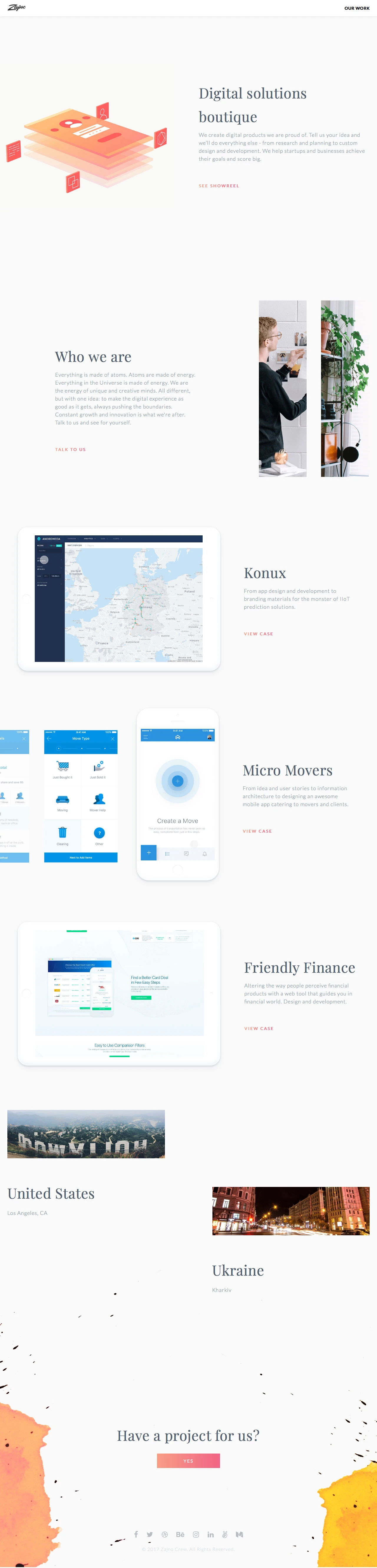 Zajno Landing Page Example: We create digital products we are proud of. Tell us your idea and we’ll do everything else - from research and planning to custom design and development. We help startups and businesses achieve their goals and score big.