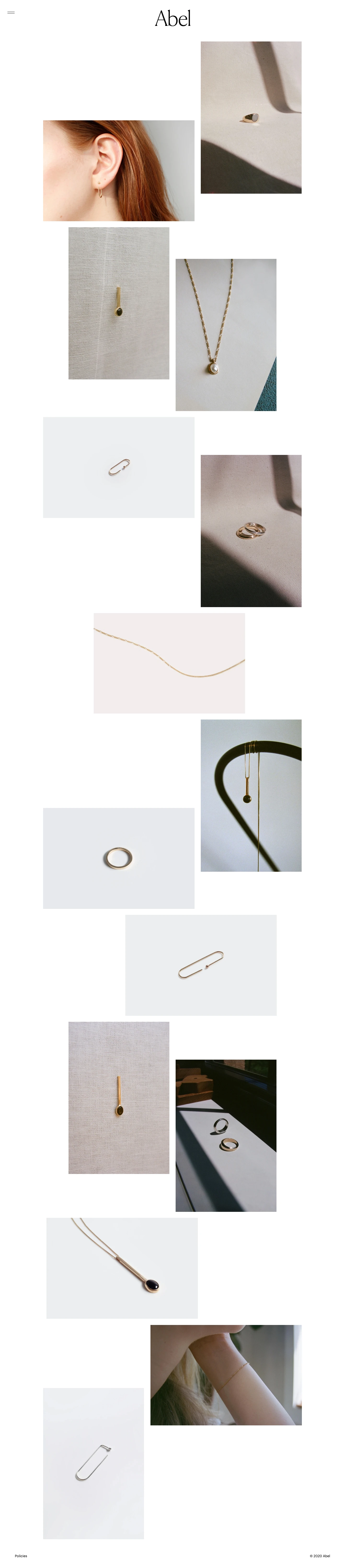 Abel Landing Page Example: Abel is a New York-based jewelry line by Kelsey Lim. All jewelry pieces are made-to-order and handcrafted using responsibly-sourced materials.