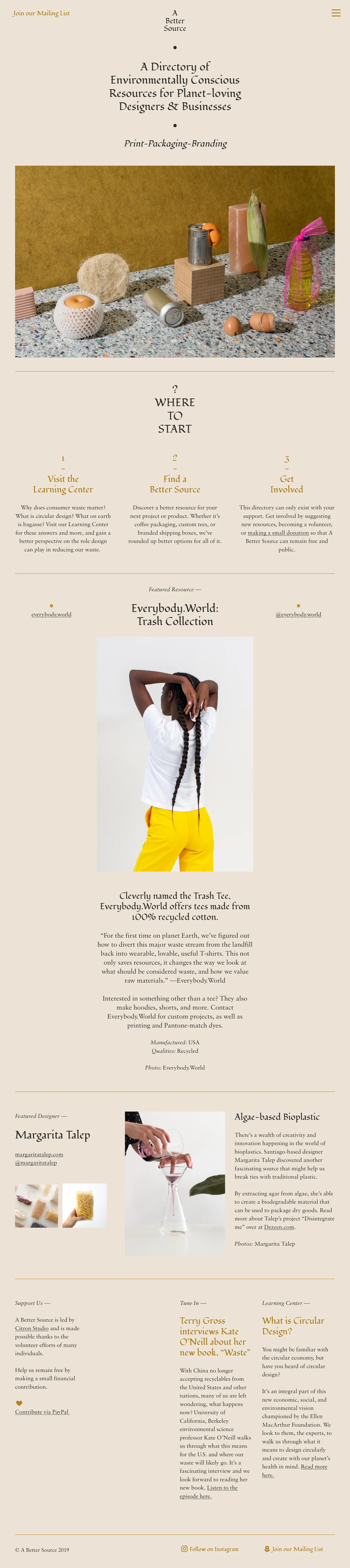 A Better Source Landing Page Example: A public directory of planet-friendly resources for print, packaging & branding needs. Let's get circular.