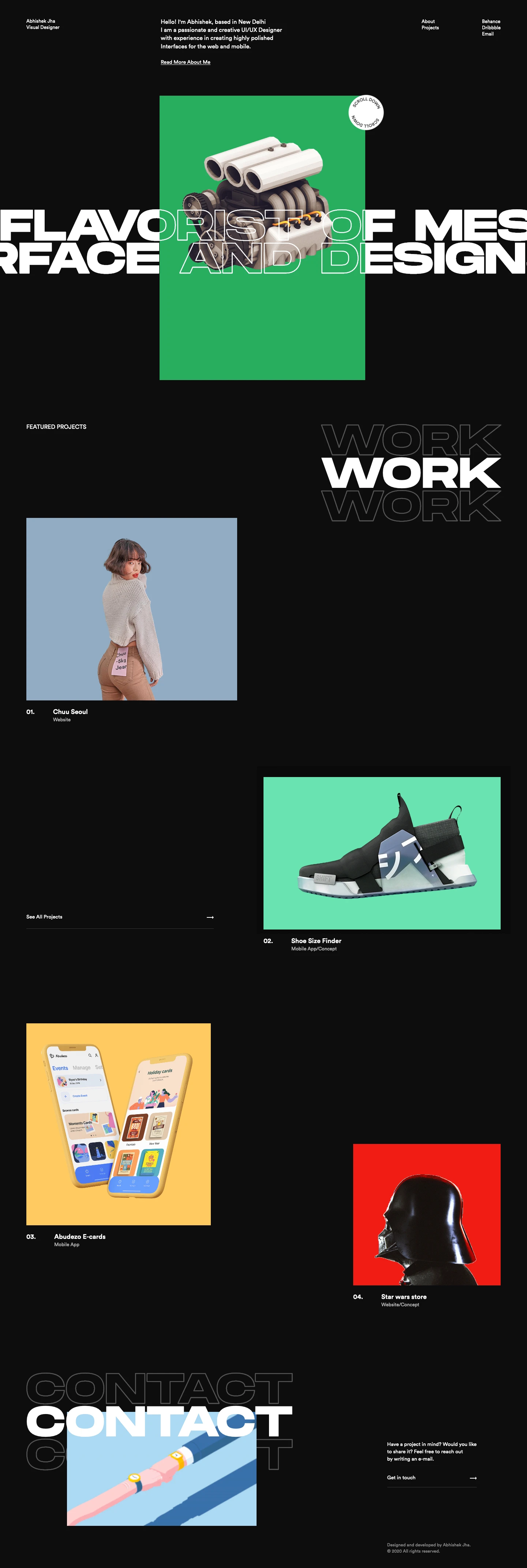 Abhishek Jha Landing Page Example: Abhishek Jha is a visual designer based in New Delhi. He makes high-end user interfaces.
