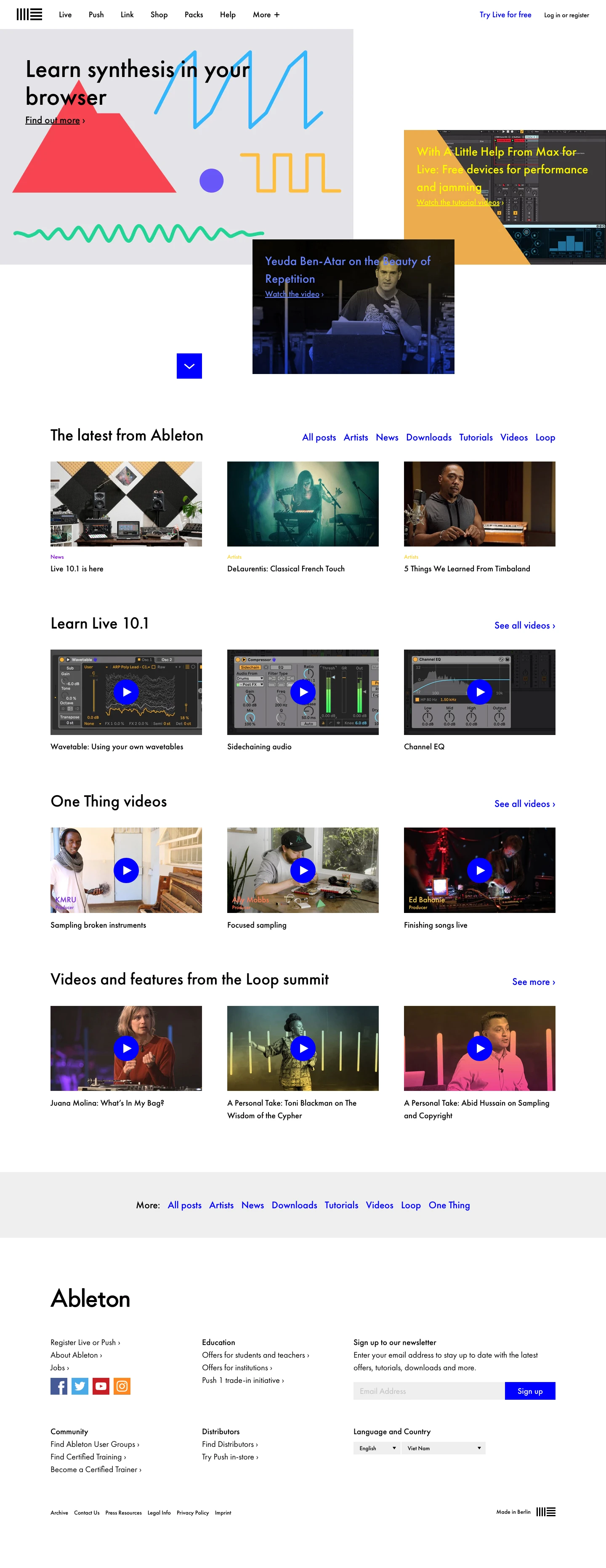 Ableton Landing Page Example: Ableton makes Push and Live, hardware and software for music production, creation and performance. Ableton´s products are made to inspire creative music-making.