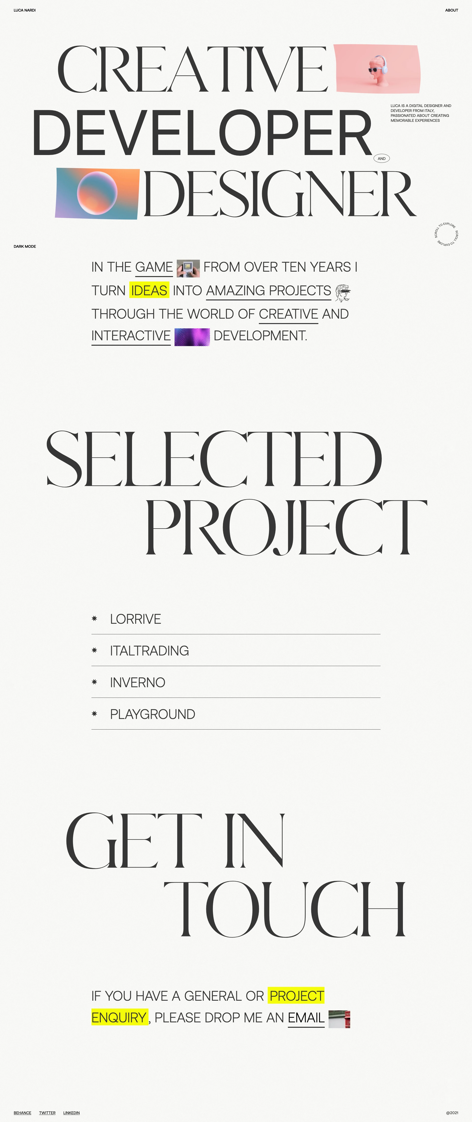 Luca Nardi Landing Page Example: Luca is a digital designer and developer from Italy, passionated about creating memorable experiences