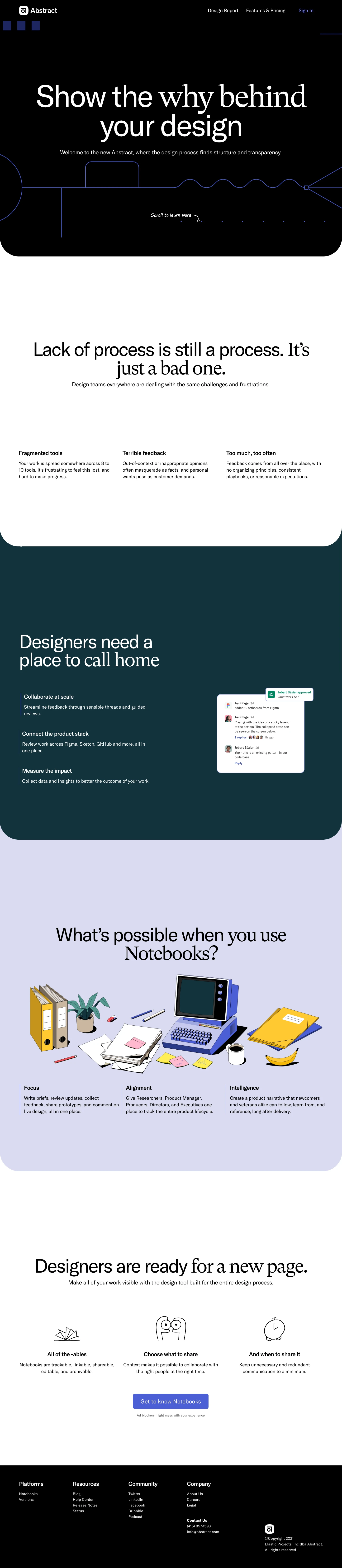Abstract Notebooks Landing Page Example: Introducing Notebooks, a Design Intelligence platform built to bring focus, alignment, and intelligence to your Design process.
