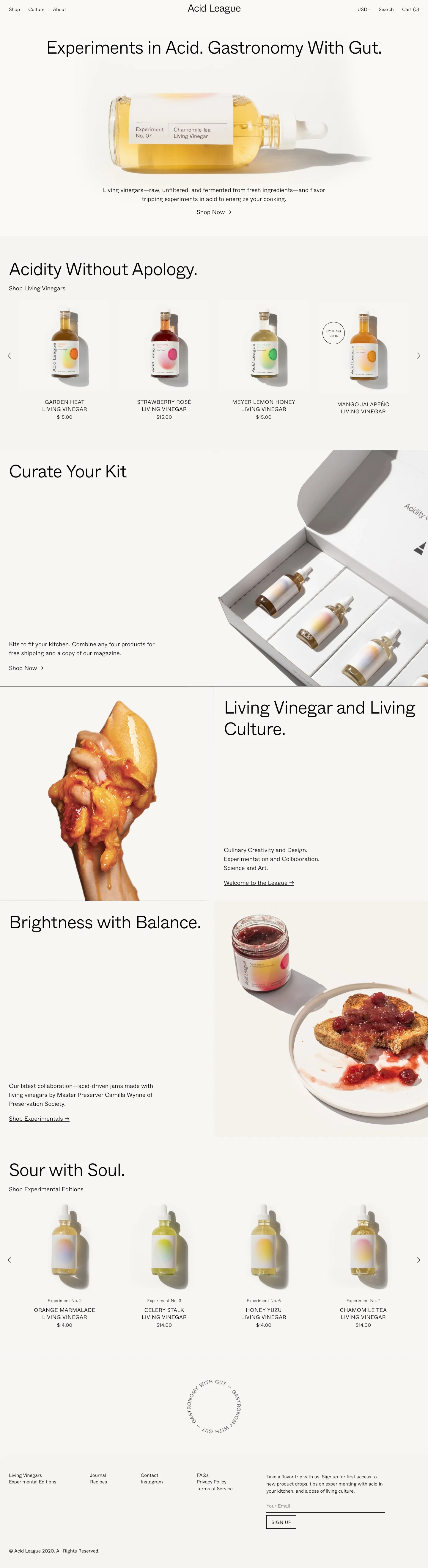 Acid League Landing Page Example: Experiments in acid? Acid League makes flavor-tripping vinegars, drinks, sauces, and condiments to energize your cooking.