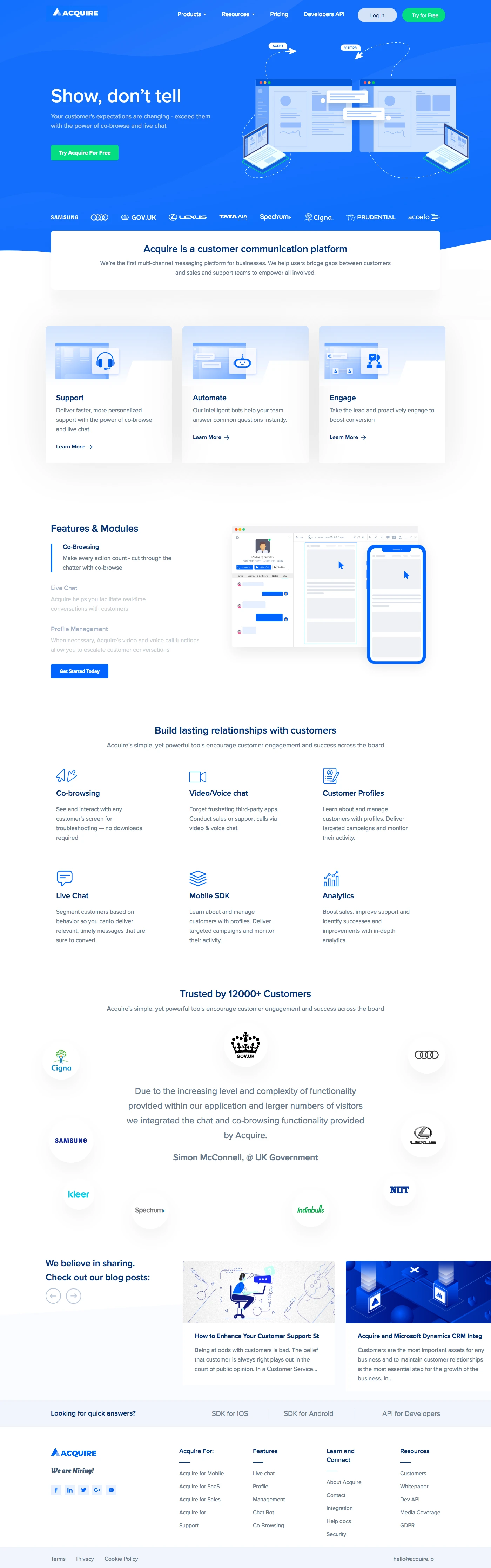 Acquire Landing Page Example: We’re the first multi-channel messaging platform for businesses. We help users bridge gaps between customers and sales and support teams to empower all involved.