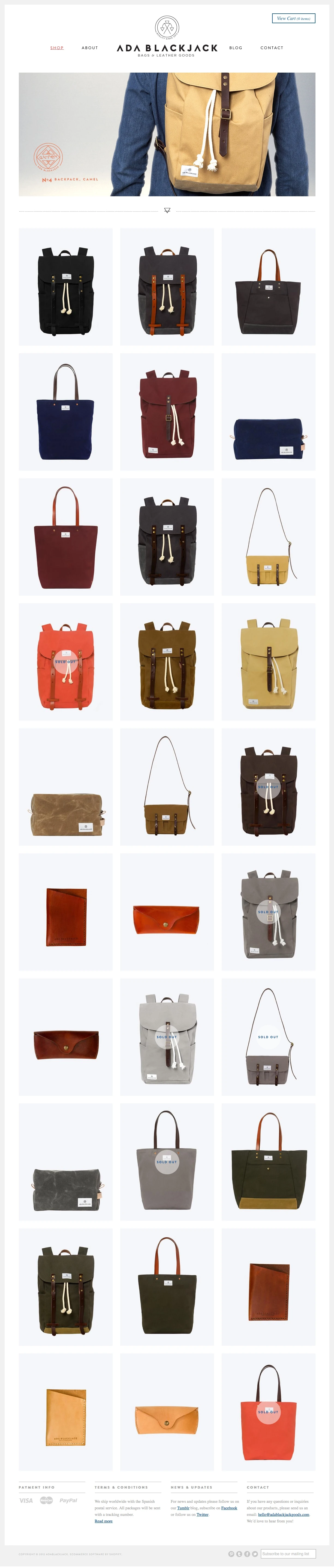 Ada Blackjack Landing Page Example: Ada Blackjack is a brand of bags and leather goods founded by Ivonne Schippers. All items are carefully crafted by hand using only the finest fabrics.