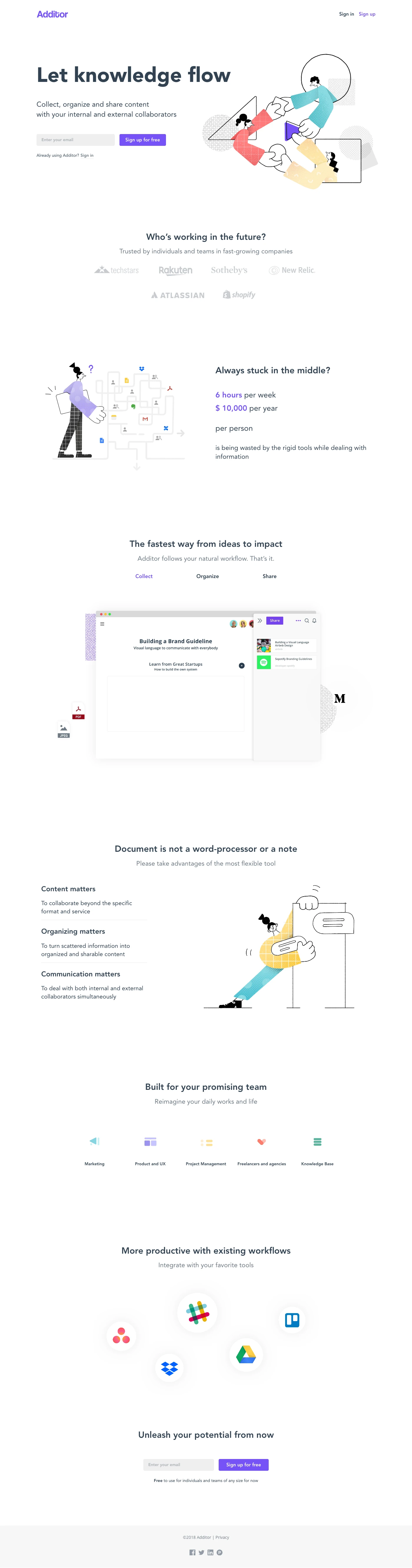 Additor Landing Page Example: To save, organize, and share information should be simple. Additor is the most minimal knowledge library for brilliant teams. Don’t waste time and effort to manage stacked and scattered bookmarks anymore. It’s time to achieve the beauty of shared brain.
