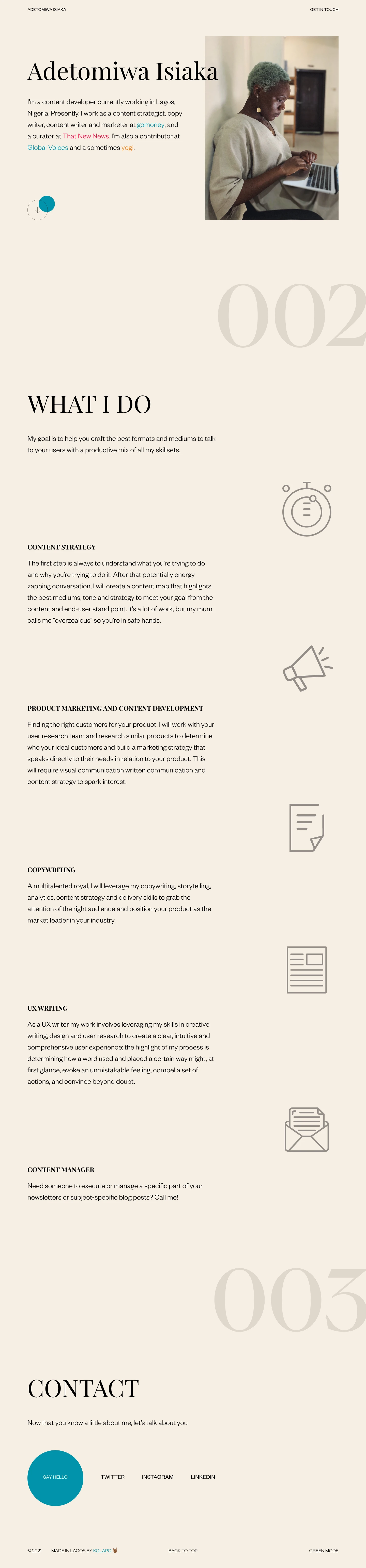 Adetomiwa Isiaka Landing Page Example: I'm Adetomiwa Isiaka, a product marketer, content strategist, copywriter & user-centric marketing evangelist.