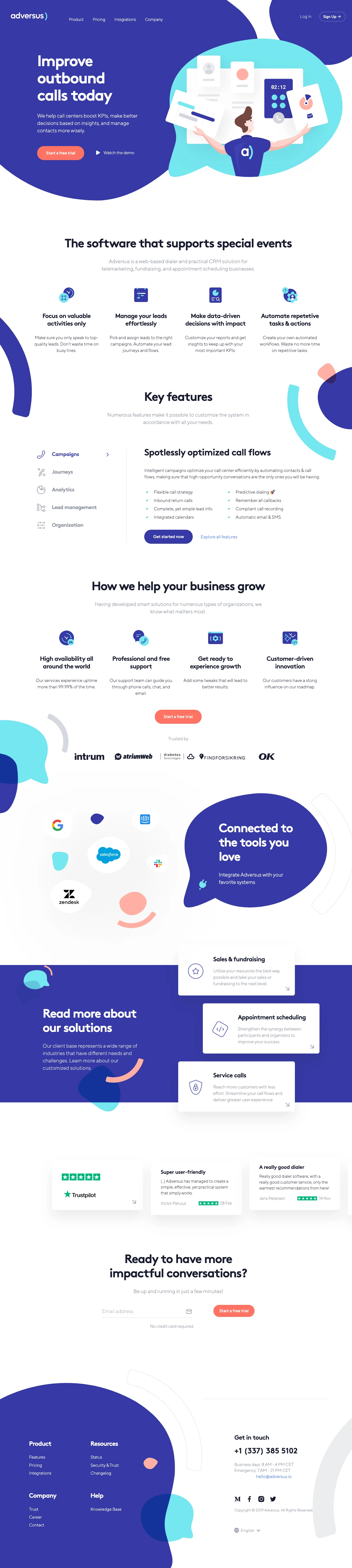 Adversus Landing Page Example: Improve outbound calls today. We help call centers boost KPIs, make better decisions based on insights, and manage contacts more wisely.