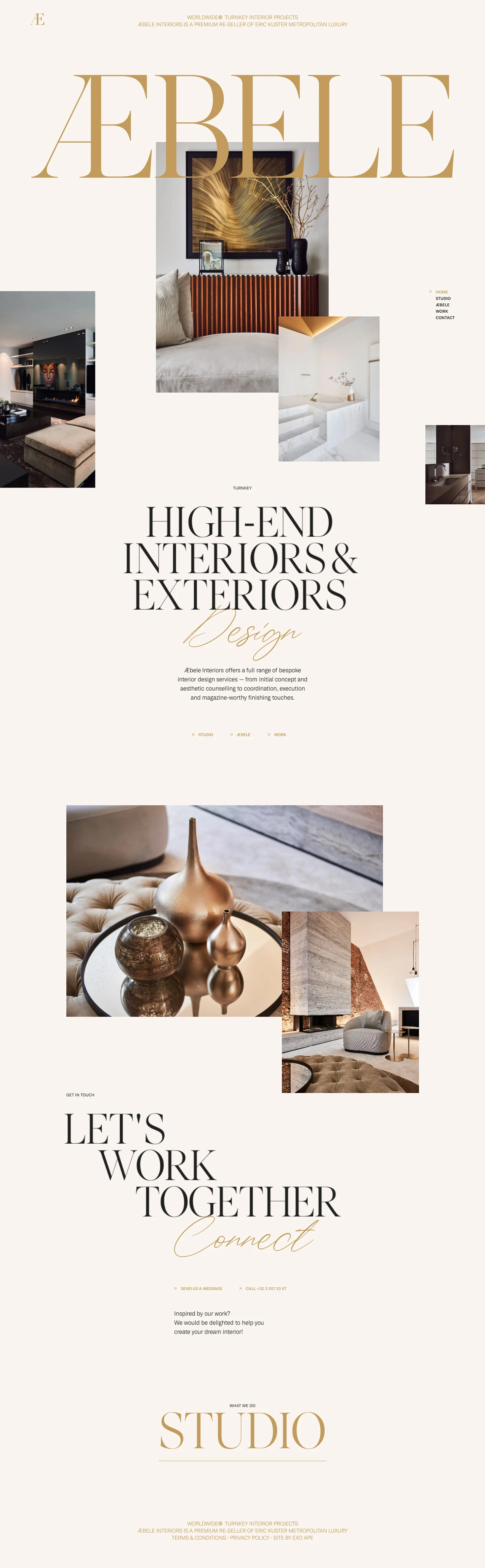 Æbele Interiors Landing Page Example: Worldwide turnkey interior projects. Premium re-seller of Eric Kuster Metropolitan Luxury and Armani/Casa Textiles.