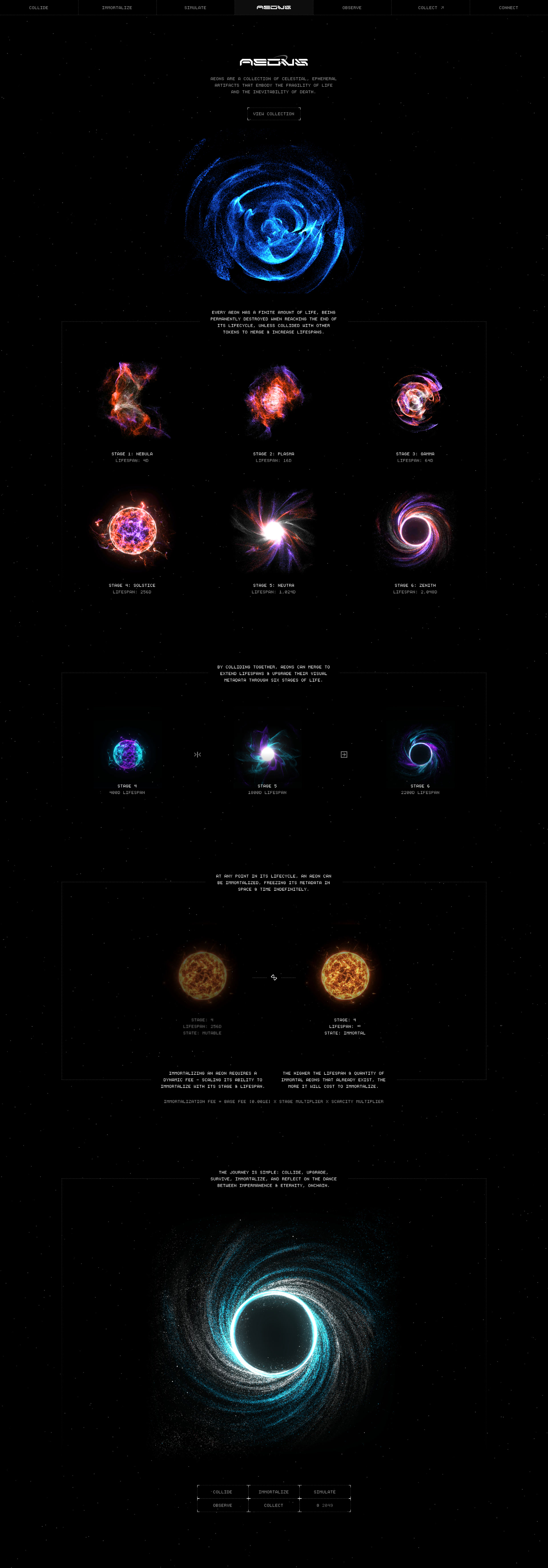 Aeons Landing Page Example: Cosmic artifacts on Base. Aeons are a collection of celestial, ephemeral artifacts that embody the fragility of life and the inevitability of death.