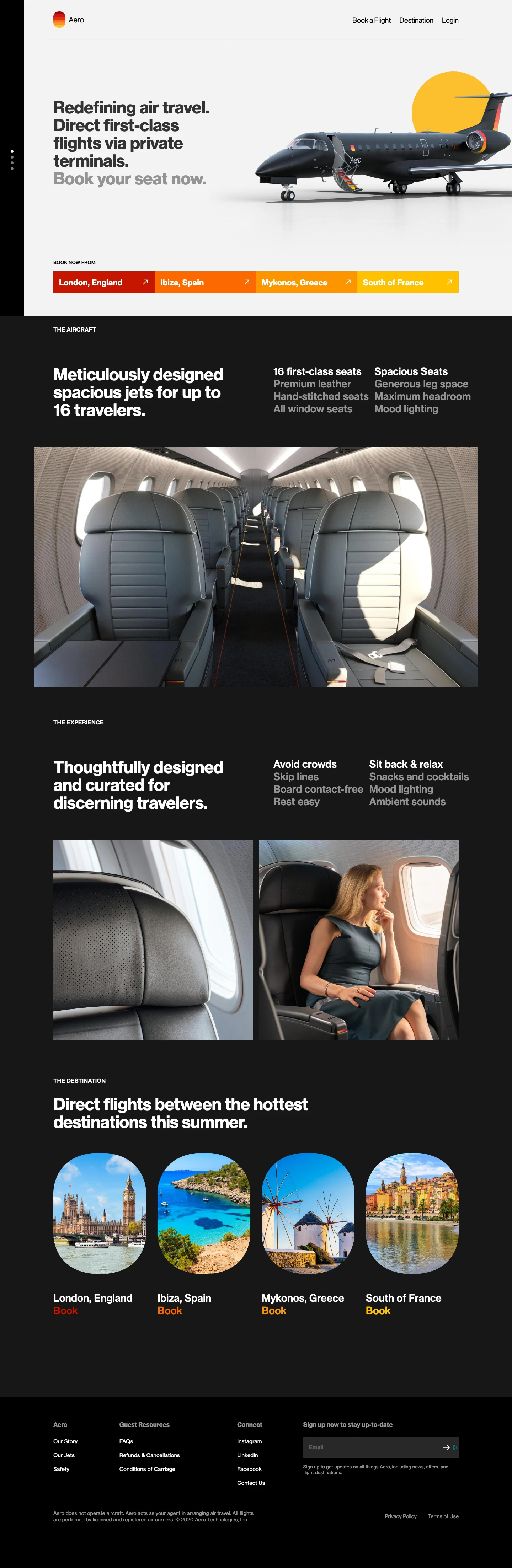 Aero Landing Page Example: Aero offers semi-private jet flights to the world's most in-demand destinations. Reserve your seat to get early access to our flights between Ibiza, Mykonos, and the French Riviera.