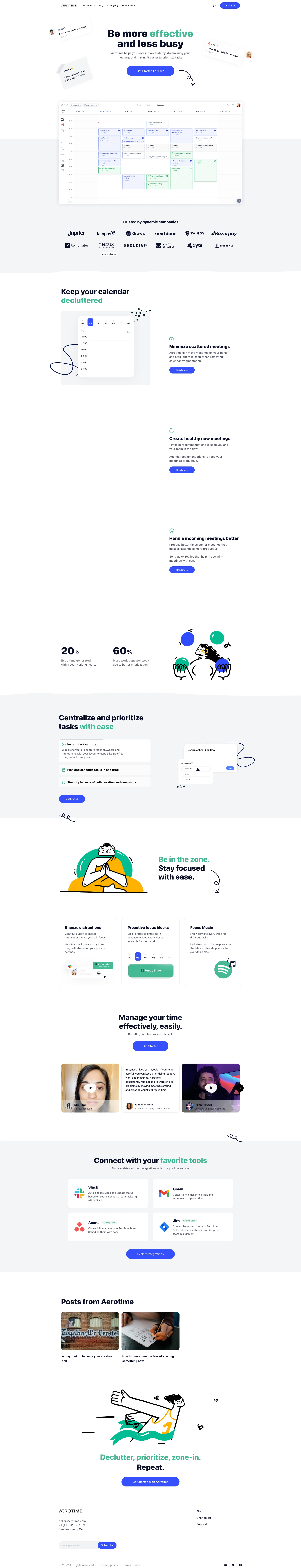 Aerotime Landing Page Example: Be more effective and less busy. Aerotime helps you work in flow state by streamlining your meetings and making it easier to prioritize tasks.