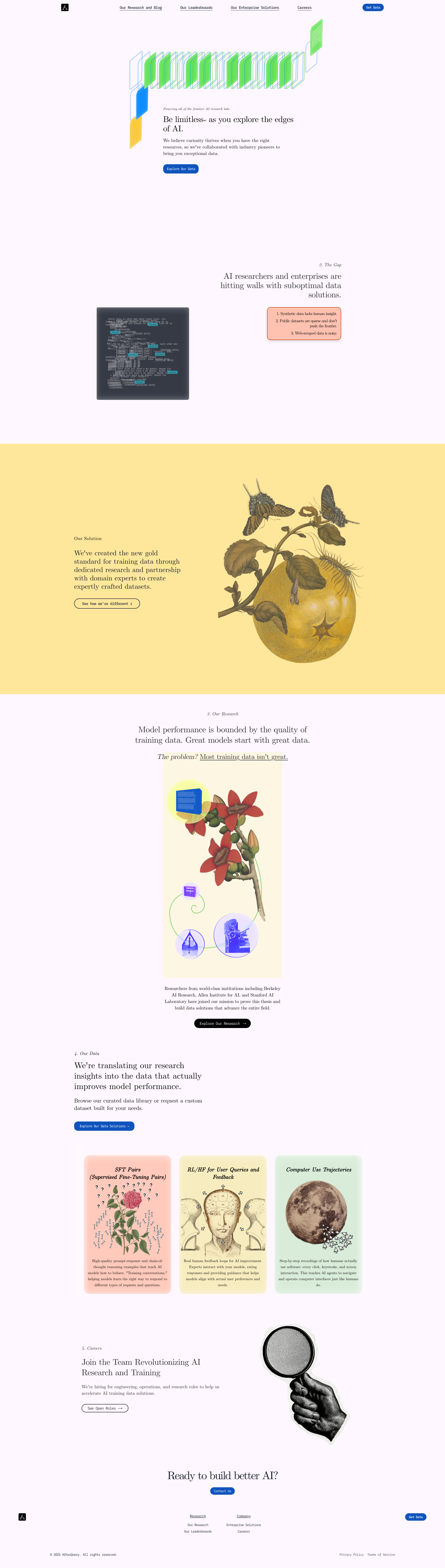 AfterQuery Landing Page Example: Be limitless∞ as you explore the edges of AI. We believe curiosity thrives when you have the right resources, so we've collaborated with industry pioneers to bring you exceptional data.