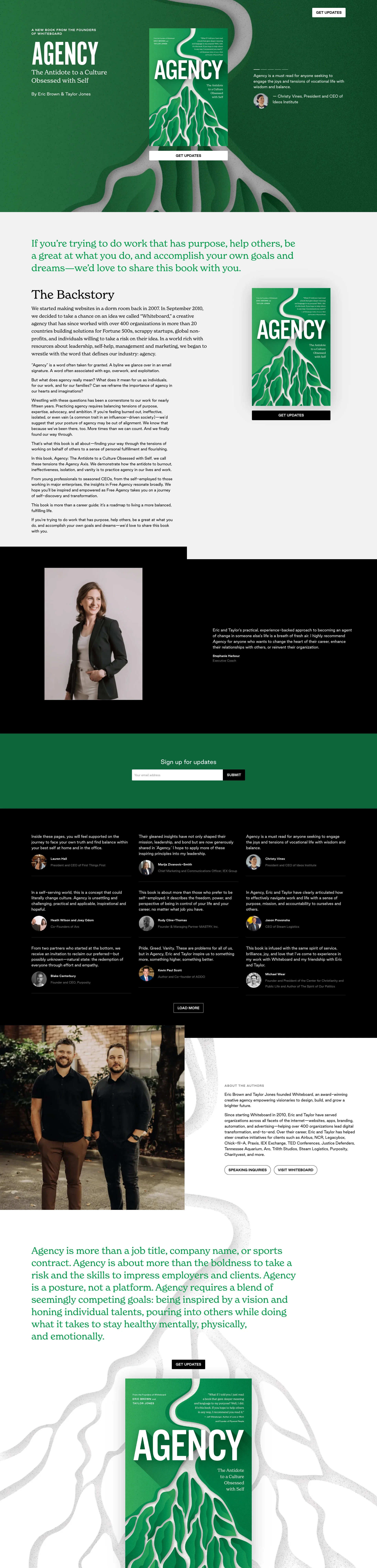 Agency Landing Page Example: A book from Eric Brown & Taylor Jones, founders of Whiteboard. If you’re trying to do work that has purpose, help others, be a great at what you do, and accomplish your own goals and dreams—we’d love to share this book with you.