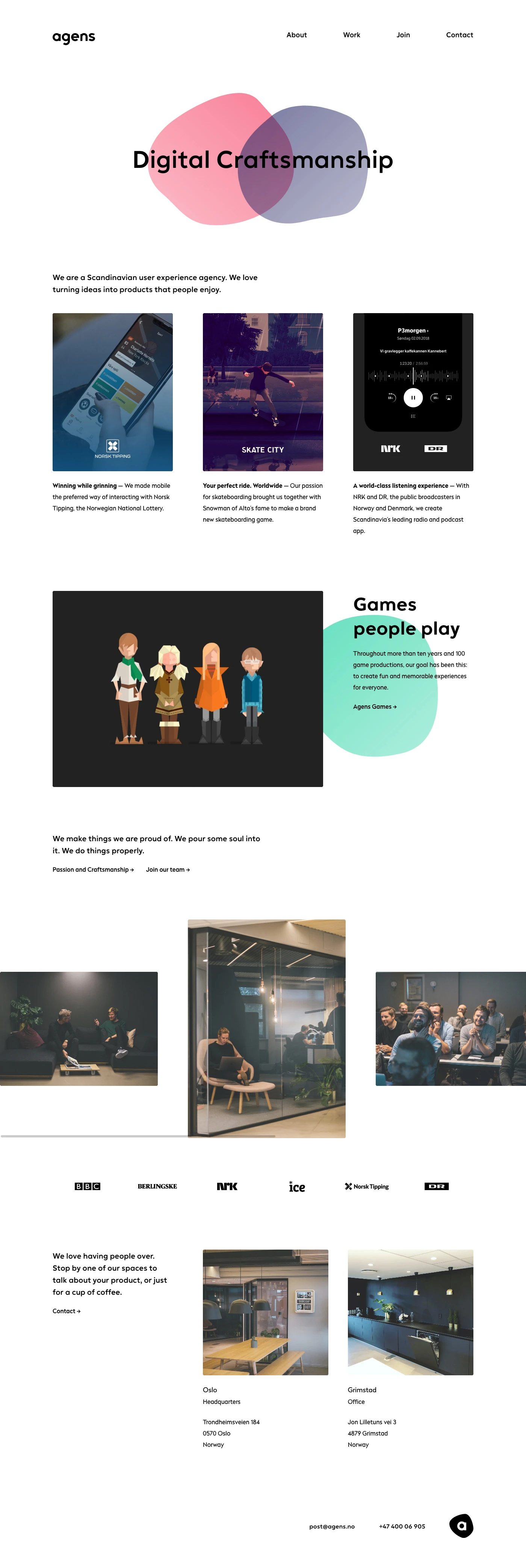 Agens Landing Page Example: We are a Scandinavian user experience agency. We love turning ideas into products that people enjoy.