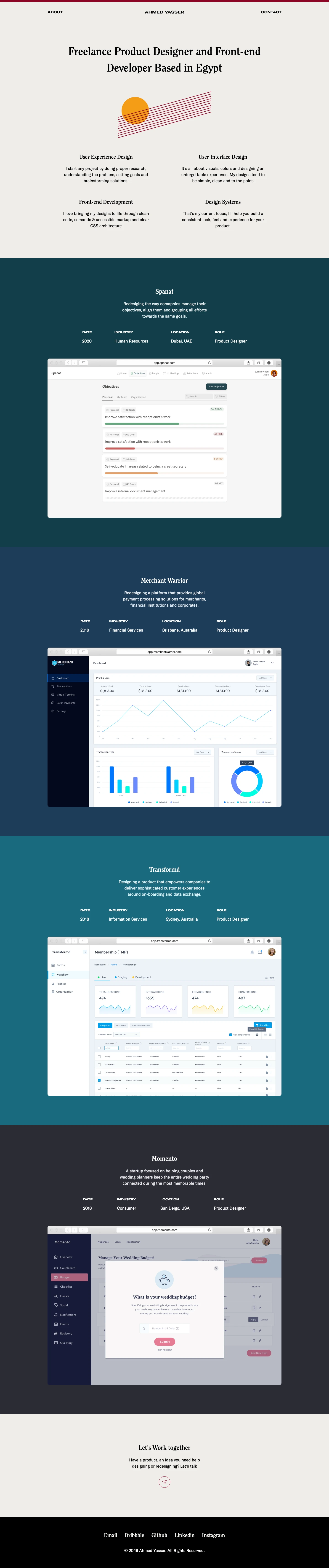 Ahmed Yasser Landing Page Example: Freelance Product Designer and Front-end Developer based in Egypt.