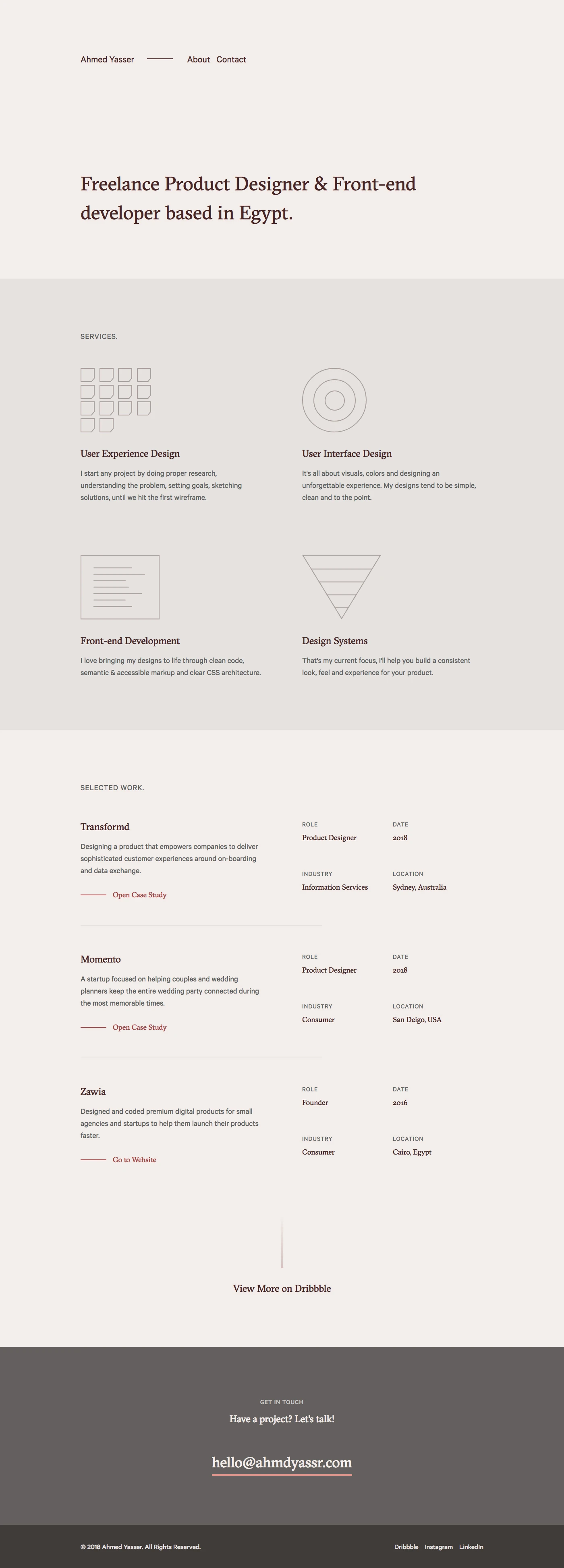 Ahmed Yasser Landing Page Example: Freelance Product Designer and Front-end Developer based in Egypt.